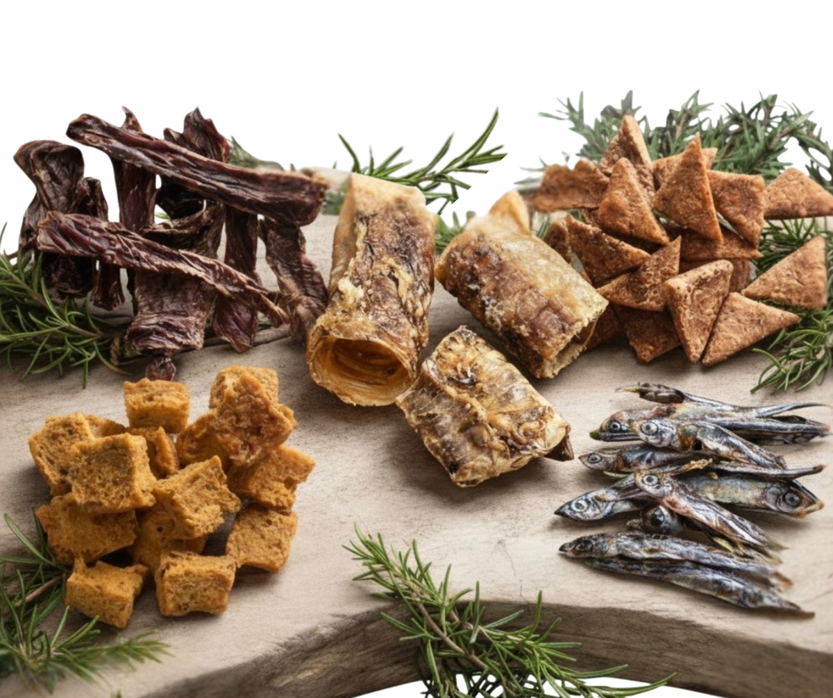 Selezione di snack e masticativi essiccati per cani