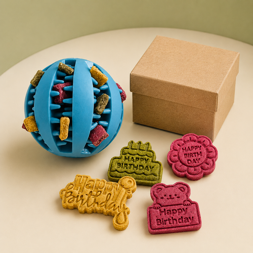 Box compleanno per cani con biscotti Bisky Birthday e pallina masticabile azzurra